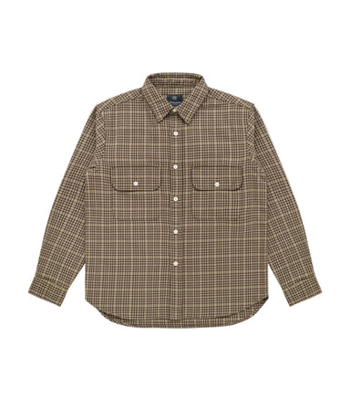 A brown and beige plaid long-sleeve button-up shirt with two chest flap pockets, displayed flat against a light gray background.