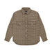 A brown and beige plaid long-sleeve button-up shirt with two chest flap pockets, displayed flat against a light gray background.