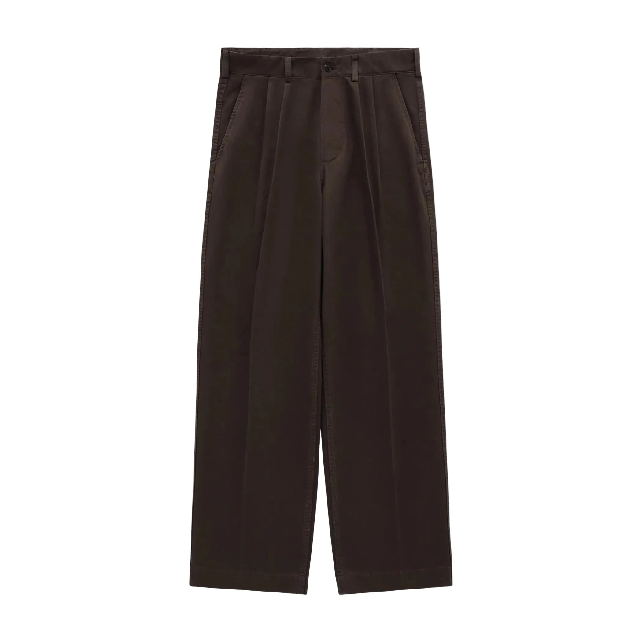 Dark brown pleated trousers shown flat against a light gray background.