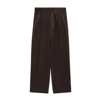 Dark brown pleated trousers shown flat against a light gray background.