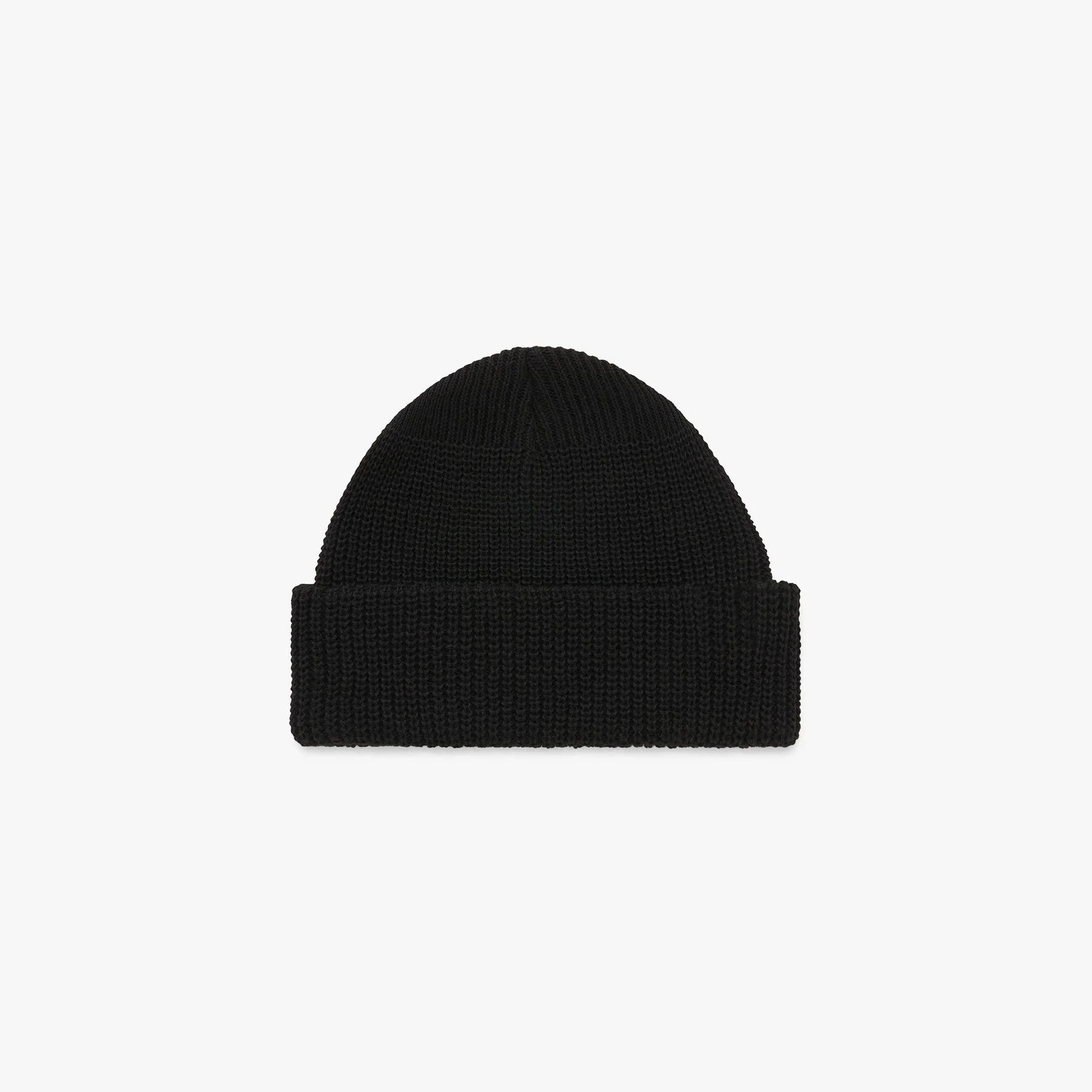 Black knit beanie on a white background
