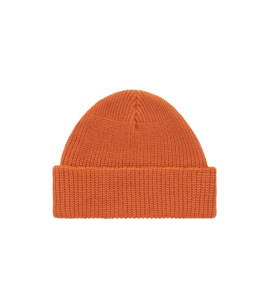 A bright orange ribbed knit beanie hat, centered on a clean white background.