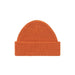 A bright orange ribbed knit beanie hat, centered on a clean white background.