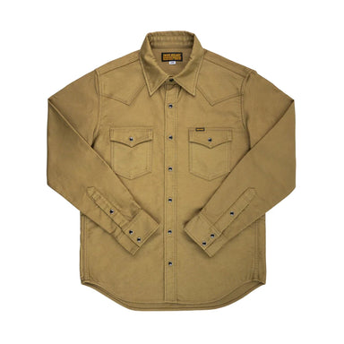 Brown work shirt with button details on a white background