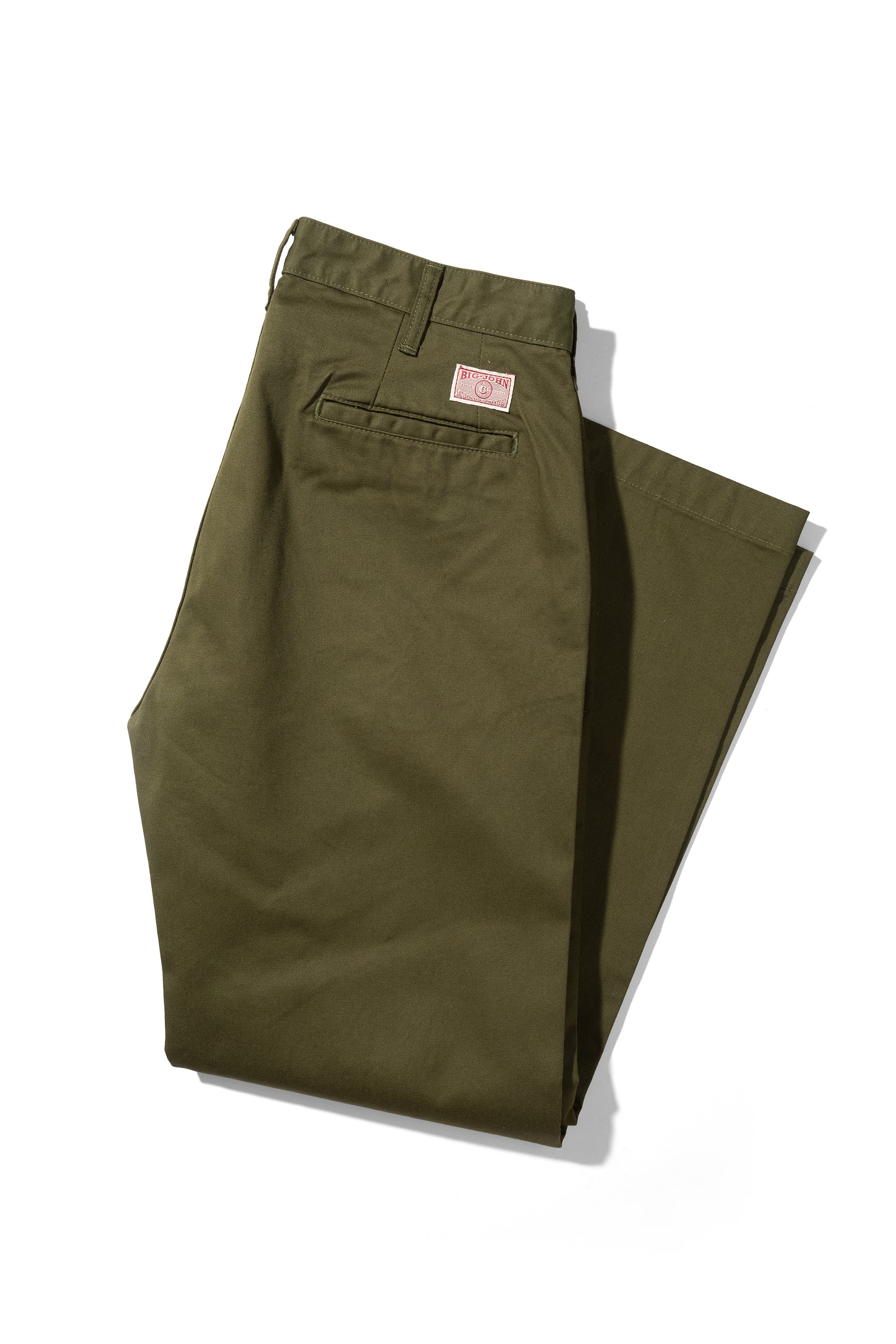 Olive green pants with a brand logo on a white background