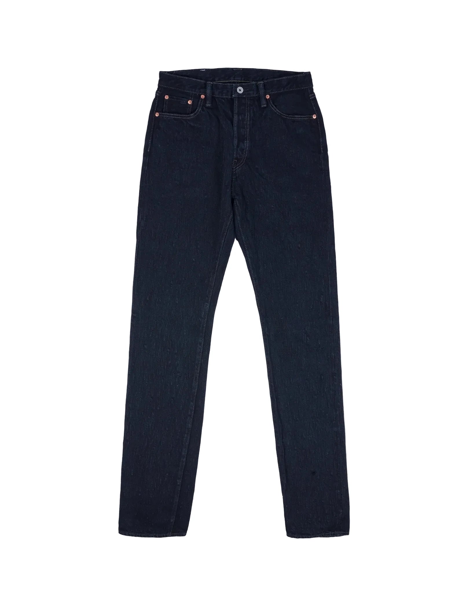 Pair of dark blue jeans on a white background