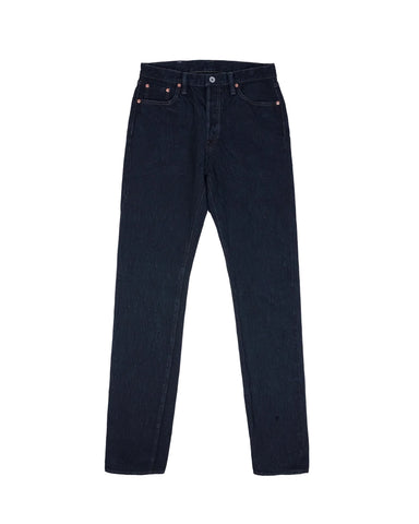 Pair of dark blue jeans on a white background