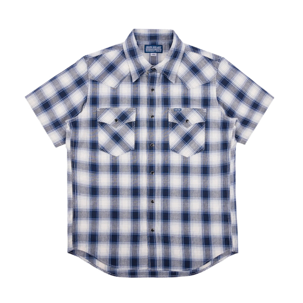 IHSH-418-BLU 5oz Selvedge Madras Check Short Sleeve Western Shirt