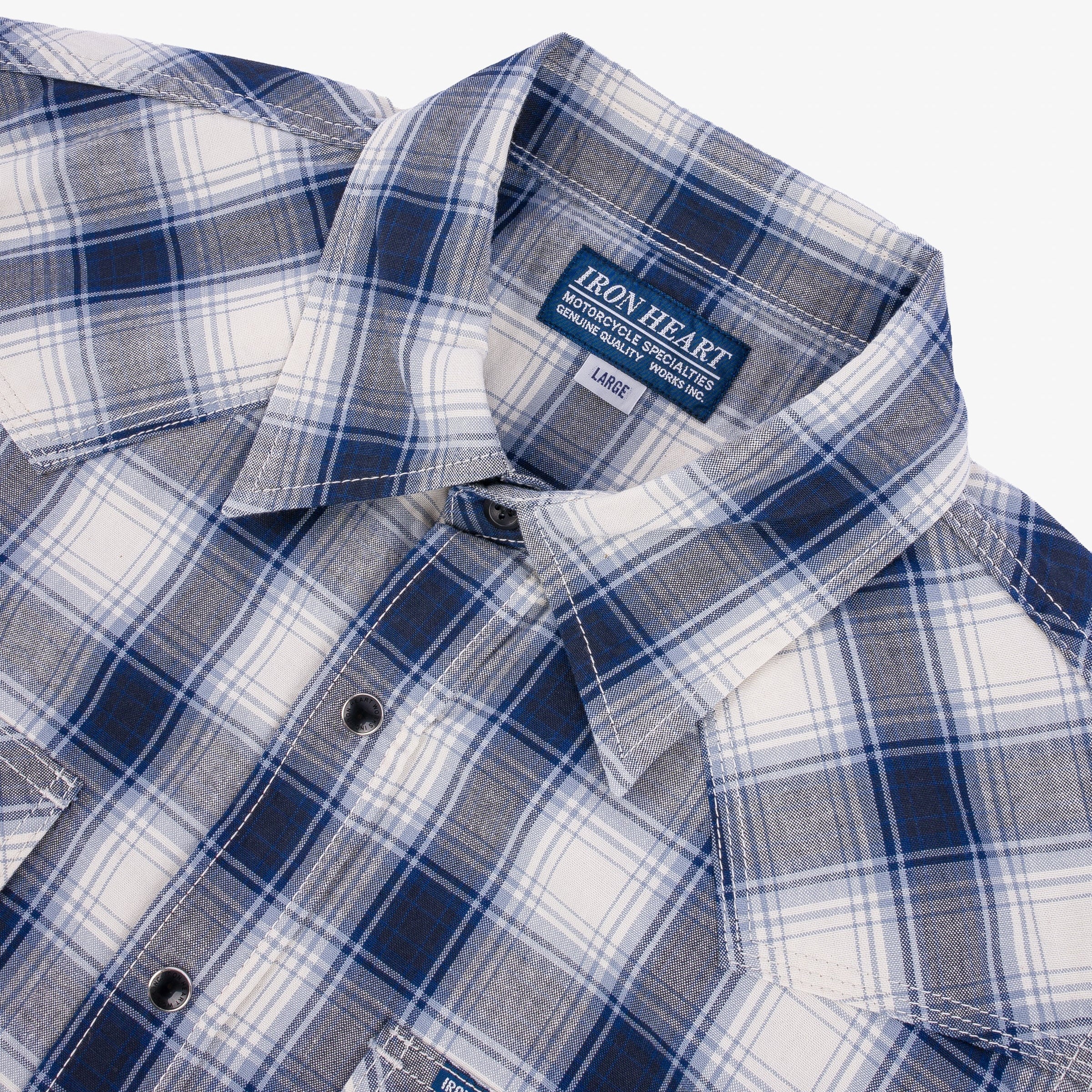 IHSH-418-BLU 5oz Selvedge Madras Check Short Sleeve Western Shirt Blue