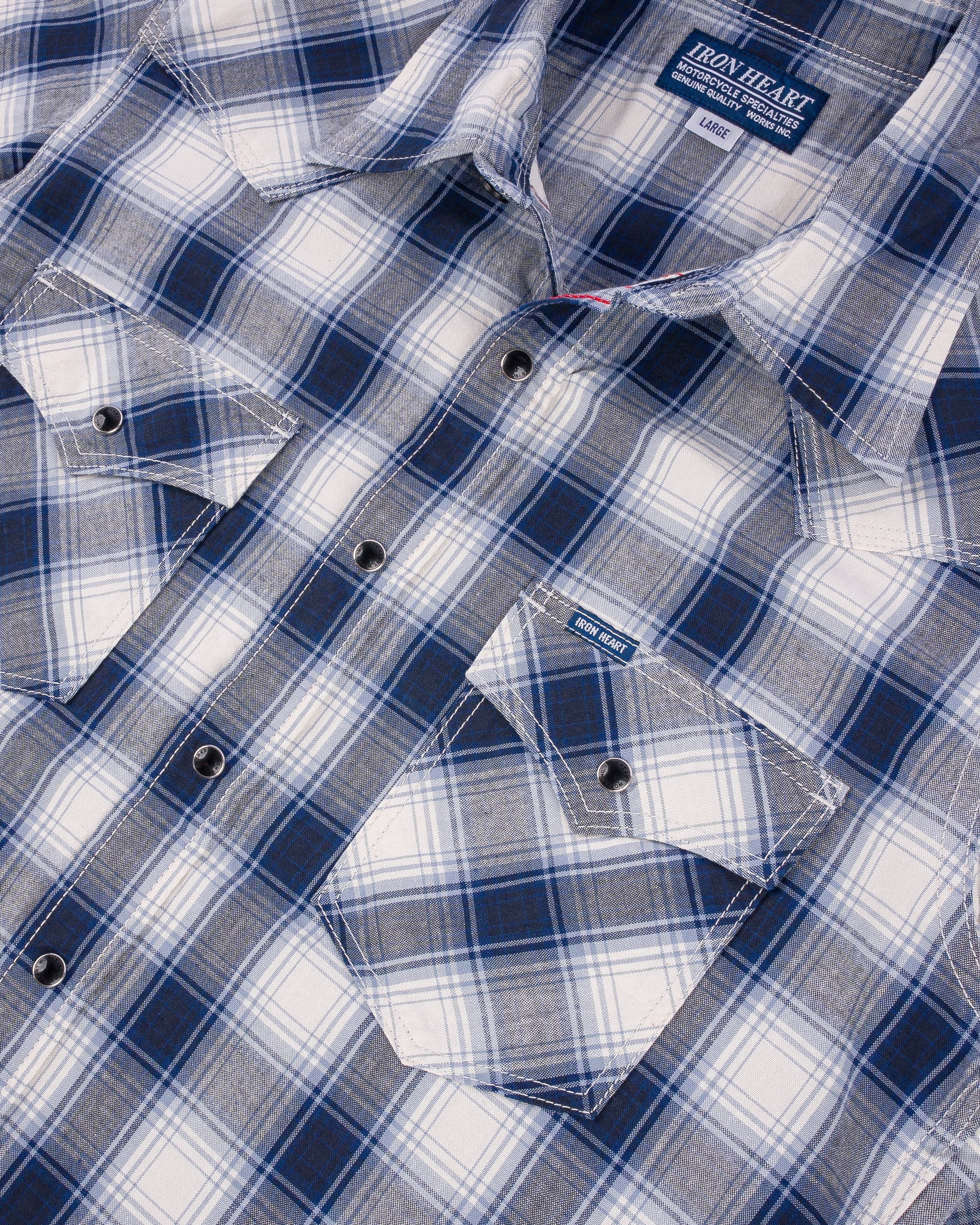 IHSH-418-BLU 5oz Selvedge Madras Check Short Sleeve Western Shirt Blue