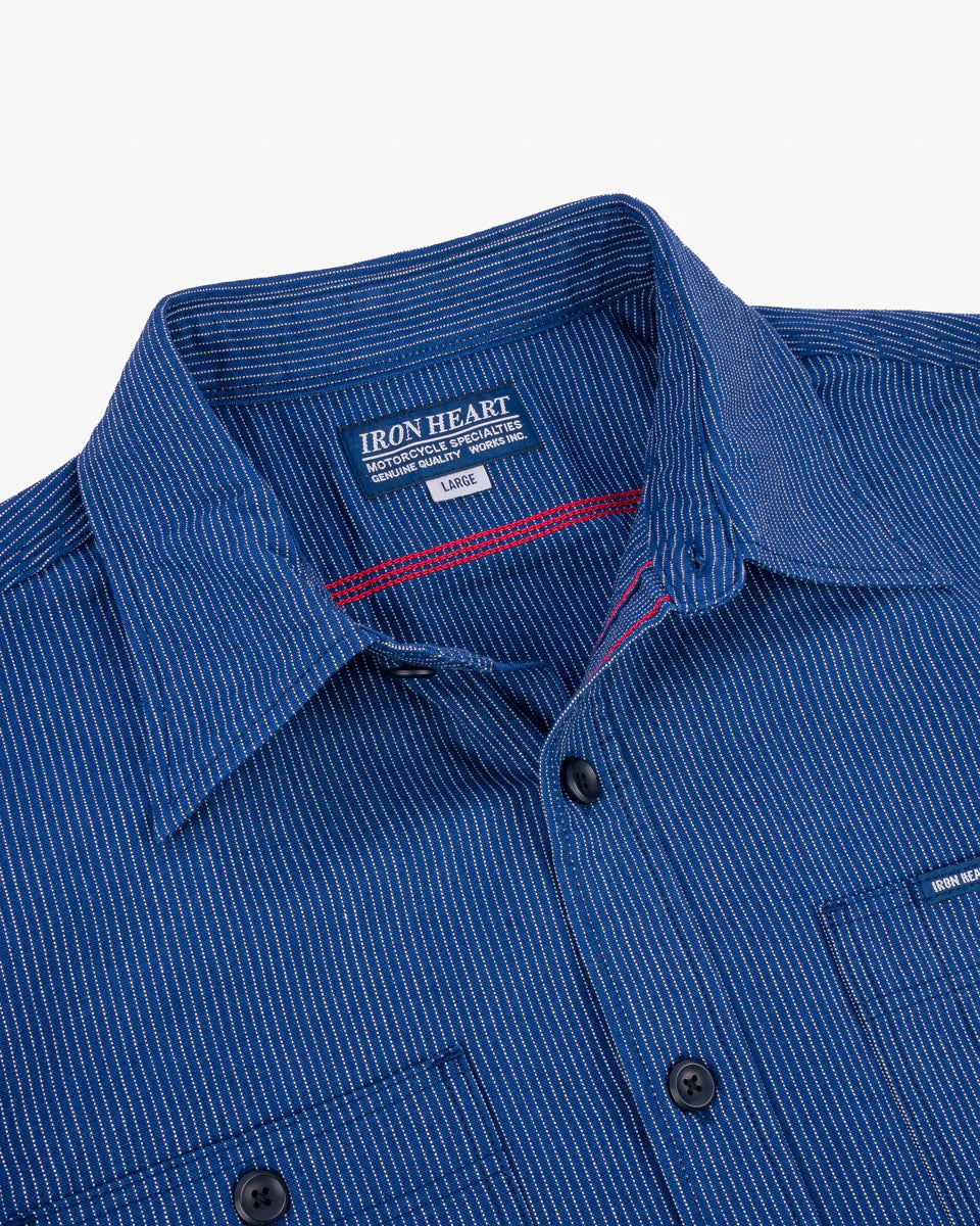 IHSH-420-PIN 5oz Selvedge Ox Cloth Short Sleeved Work Shirt Pinstripe