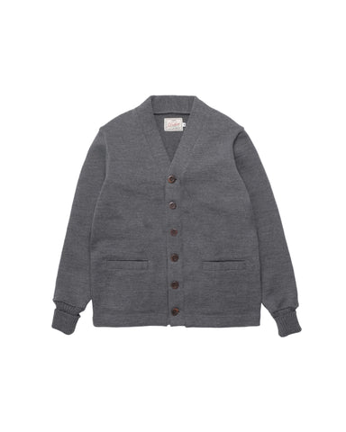 Gray cardigan with button details on a light gray background