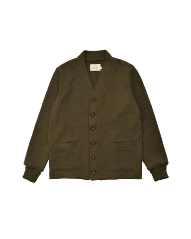 An olive green knit cardigan sweater with a V-neck, button closure, and ribbed cuffs, laid flat against a light gray background.