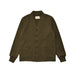 An olive green knit cardigan sweater with a V-neck, button closure, and ribbed cuffs, laid flat against a light gray background.