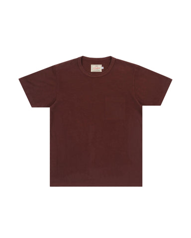A dark brown short-sleeve crewneck t-shirt laid flat against a light gray background.