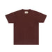 A dark brown short-sleeve crewneck t-shirt laid flat against a light gray background.