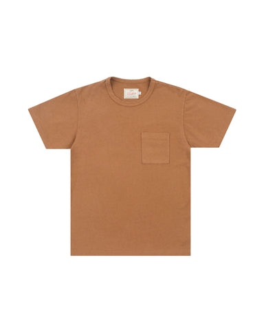 A short-sleeve crewneck pocket t-shirt in a warm camel brown color, laid flat against a light gray background.