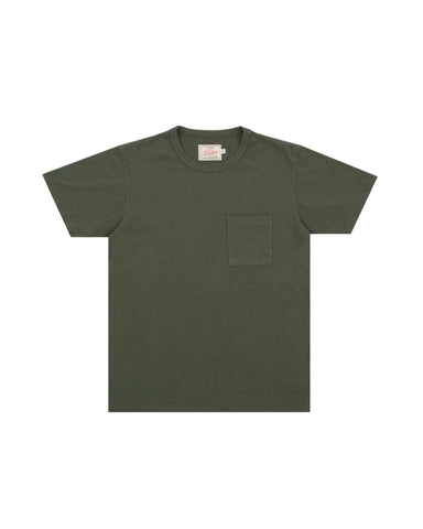 An olive green short-sleeve crewneck t-shirt with a single chest pocket, laid flat against a light gray background.