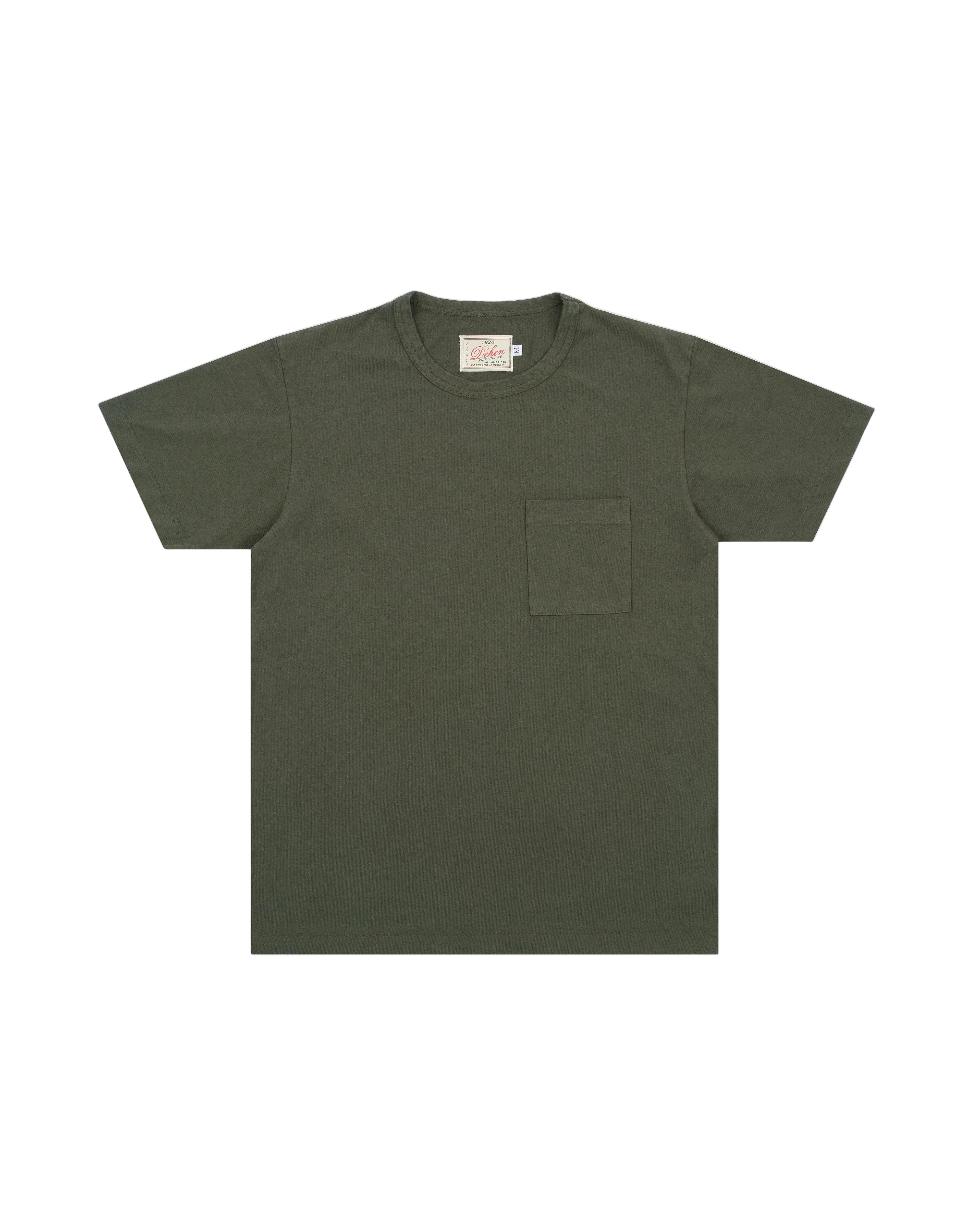 An olive green short-sleeve crewneck t-shirt with a single chest pocket, laid flat against a light gray background.