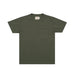 An olive green short-sleeve crewneck t-shirt with a single chest pocket, laid flat against a light gray background.