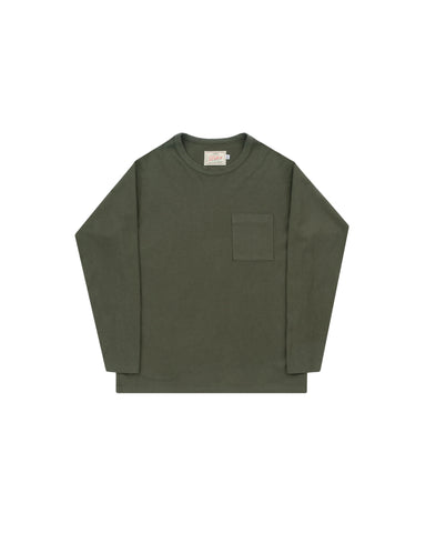 An olive green long-sleeve crewneck shirt with a single chest pocket, laid flat against a light gray background.