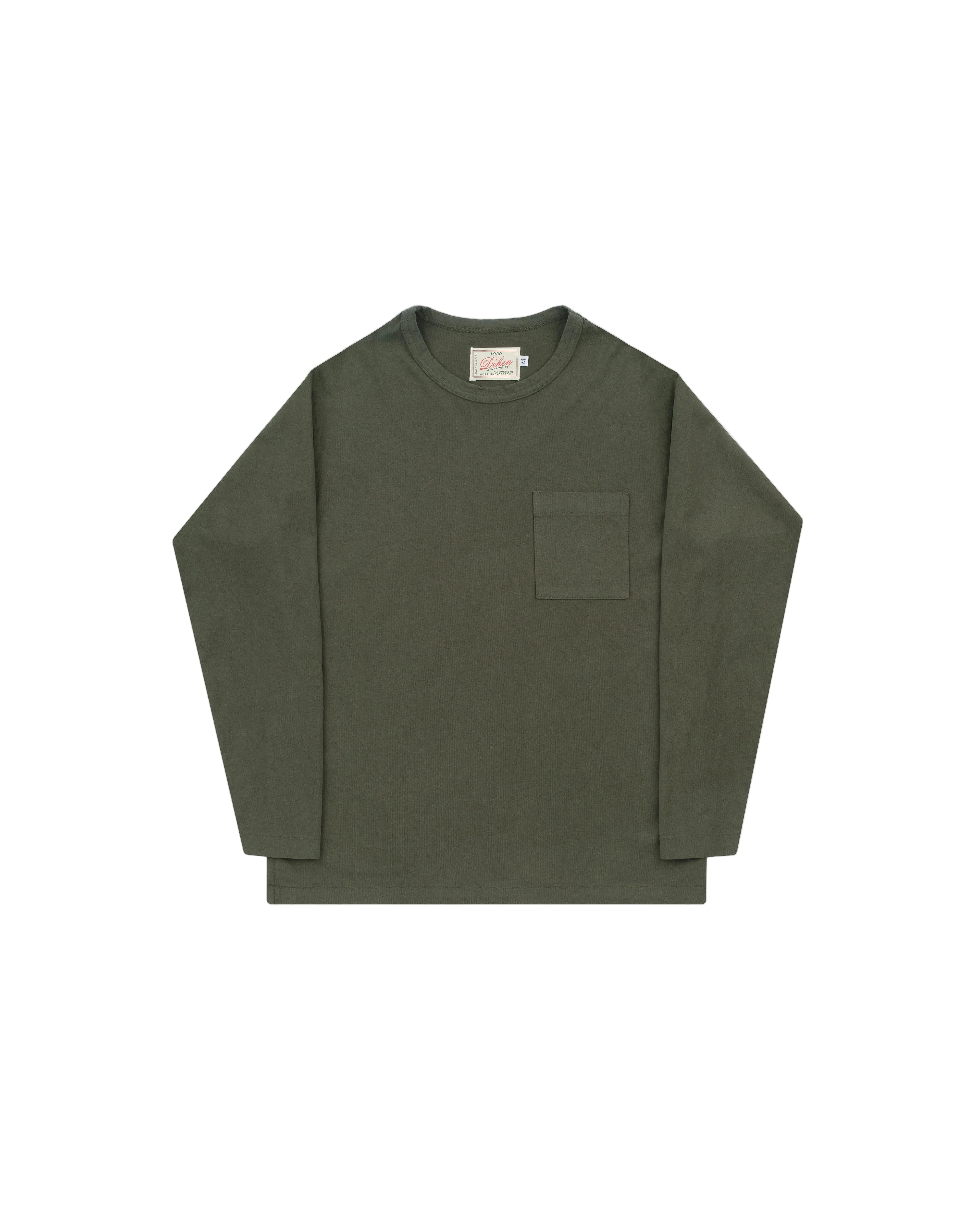 An olive green long-sleeve crewneck shirt with a single chest pocket, laid flat against a light gray background.