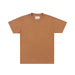 A plain short-sleeve crewneck t-shirt in a warm camel brown color, laid flat against a light gray background.
