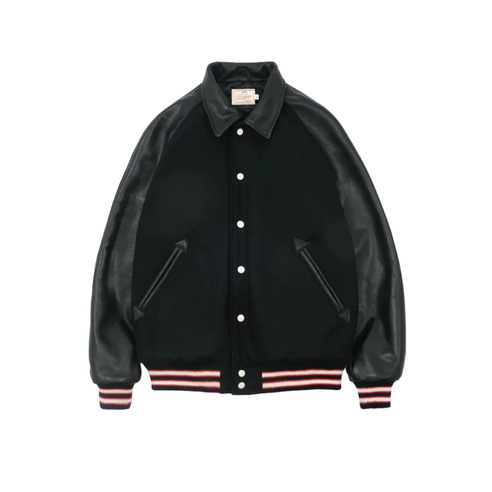Black varsity jacket with leather sleeves on a light gray background