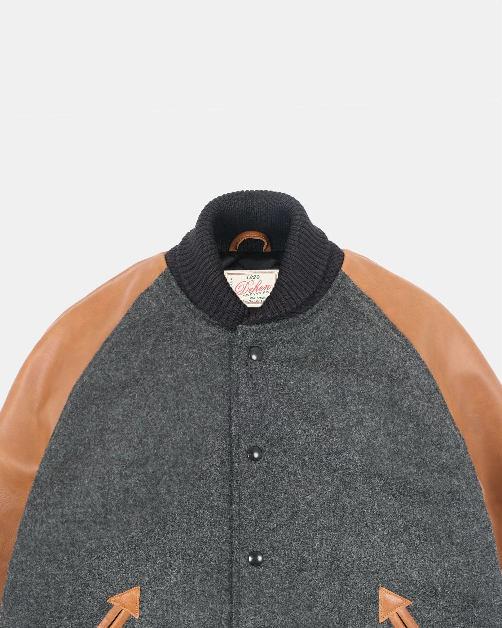 Raglan Varsity Jacket Granite Wool Rust Leather