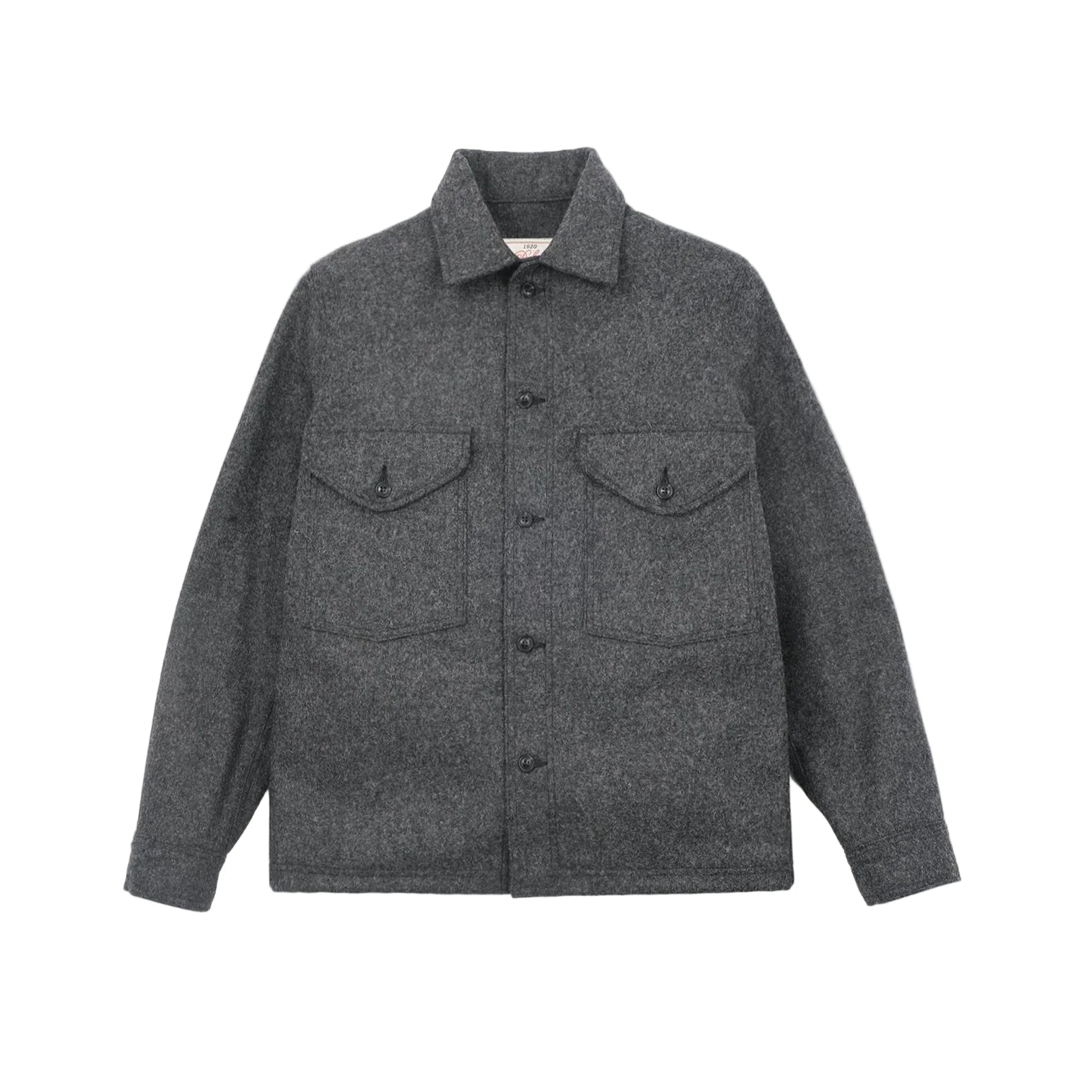 Gray flannel shirt with two front pockets on a light gray background