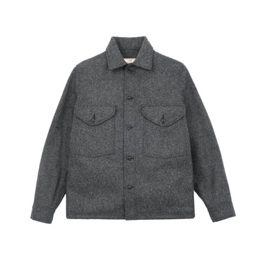 Gray flannel shirt with two front pockets on a light gray background