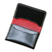 Black and red leather wallet on a wooden surface