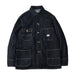 A dark indigo denim work jacket with white contrast stitching, buttoned front, and four front pockets, displayed flat against a neutral gray background.