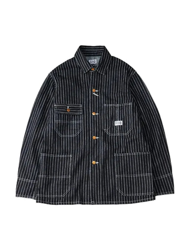A dark navy blue corduroy jacket with white vertical pinstripes, featuring orange buttons and a white brand patch on the chest pocket, displayed against a neutral gray background.