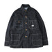 A dark navy blue corduroy jacket with white vertical pinstripes, featuring orange buttons and a white brand patch on the chest pocket, displayed against a neutral gray background.