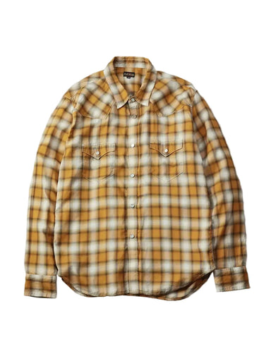 Plaid shirt with brown and white pattern on a gray background