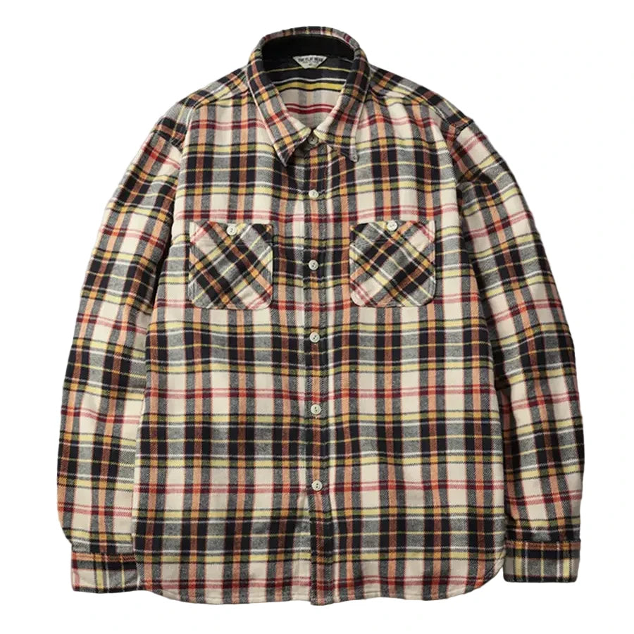 Plaid shirt with a pattern of red, yellow, and black on a gray background