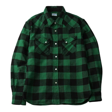Green and black checkered shirt on a gray background