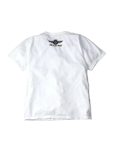 White t-shirt with a logo on the back against a gray background