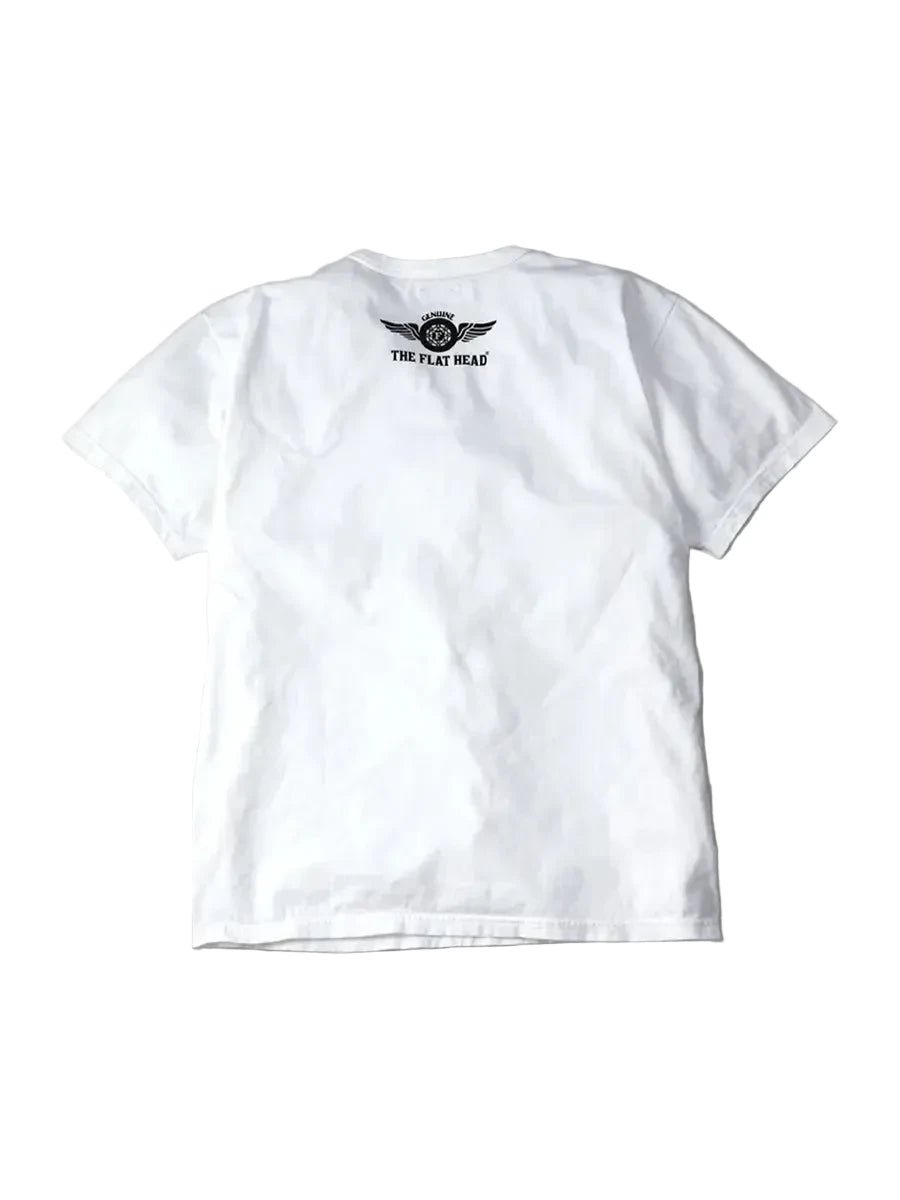 White t-shirt with a logo on the back against a gray background