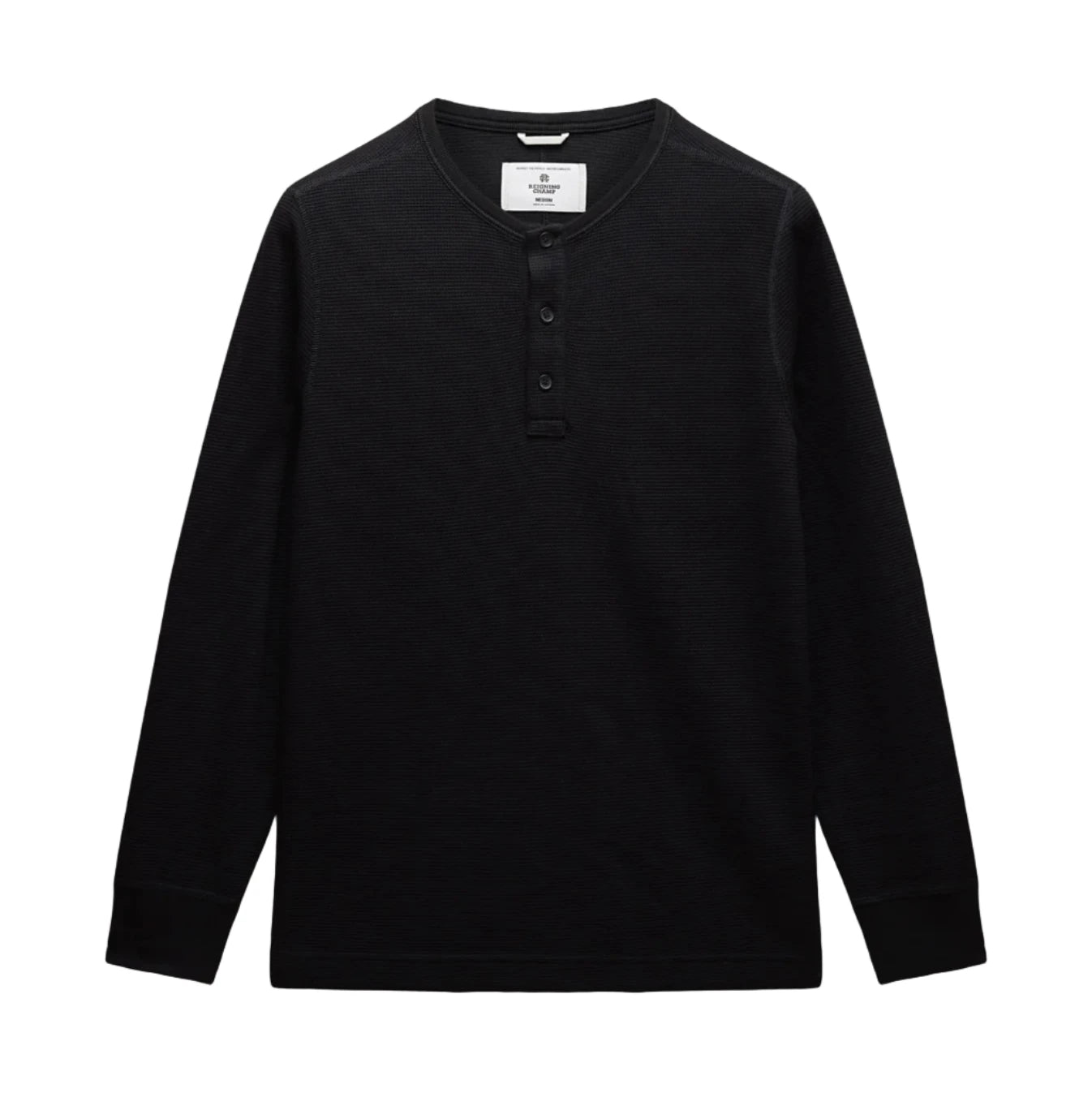 Black long-sleeve henley shirt on a light gray background