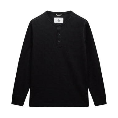 Black long-sleeve henley shirt on a light gray background