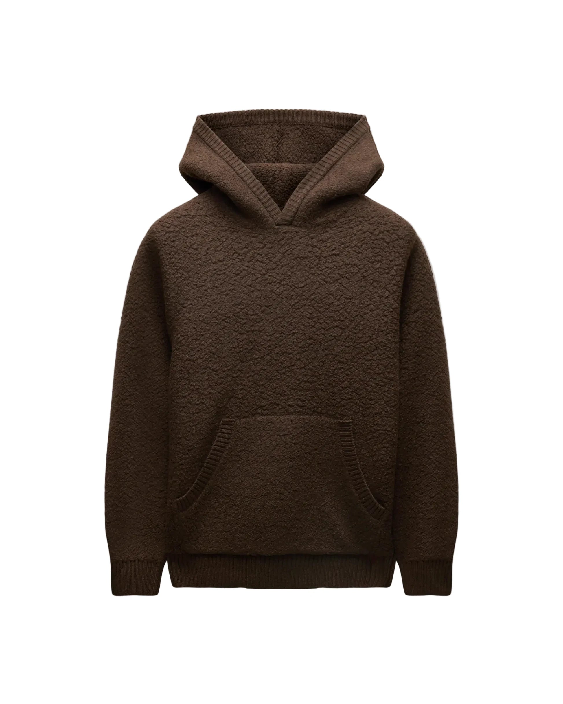 A dark brown textured fleece hoodie with a front kangaroo pocket, displayed against a light gray background.