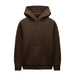A dark brown textured fleece hoodie with a front kangaroo pocket, displayed against a light gray background.