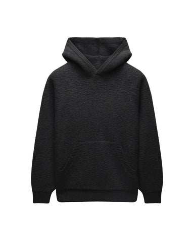 A dark charcoal gray knit hoodie with a front kangaroo pocket, displayed against a light gray background.
