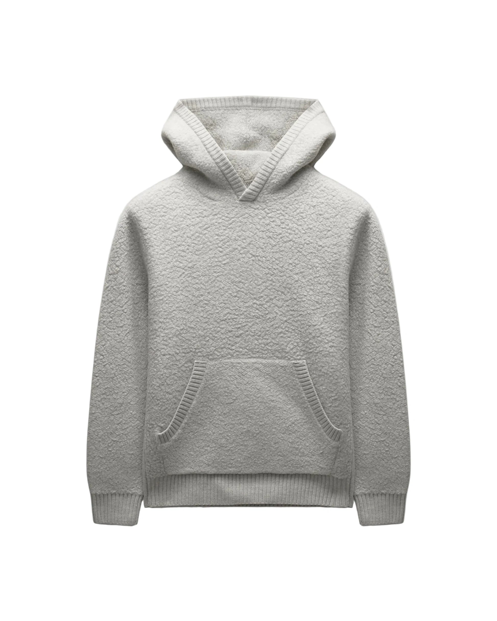 A light gray textured knit hoodie with a front kangaroo pocket and ribbed cuffs and hem, shown against a light gray background.