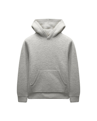 A light gray textured knit hoodie with a front kangaroo pocket and ribbed cuffs and hem, shown against a light gray background.