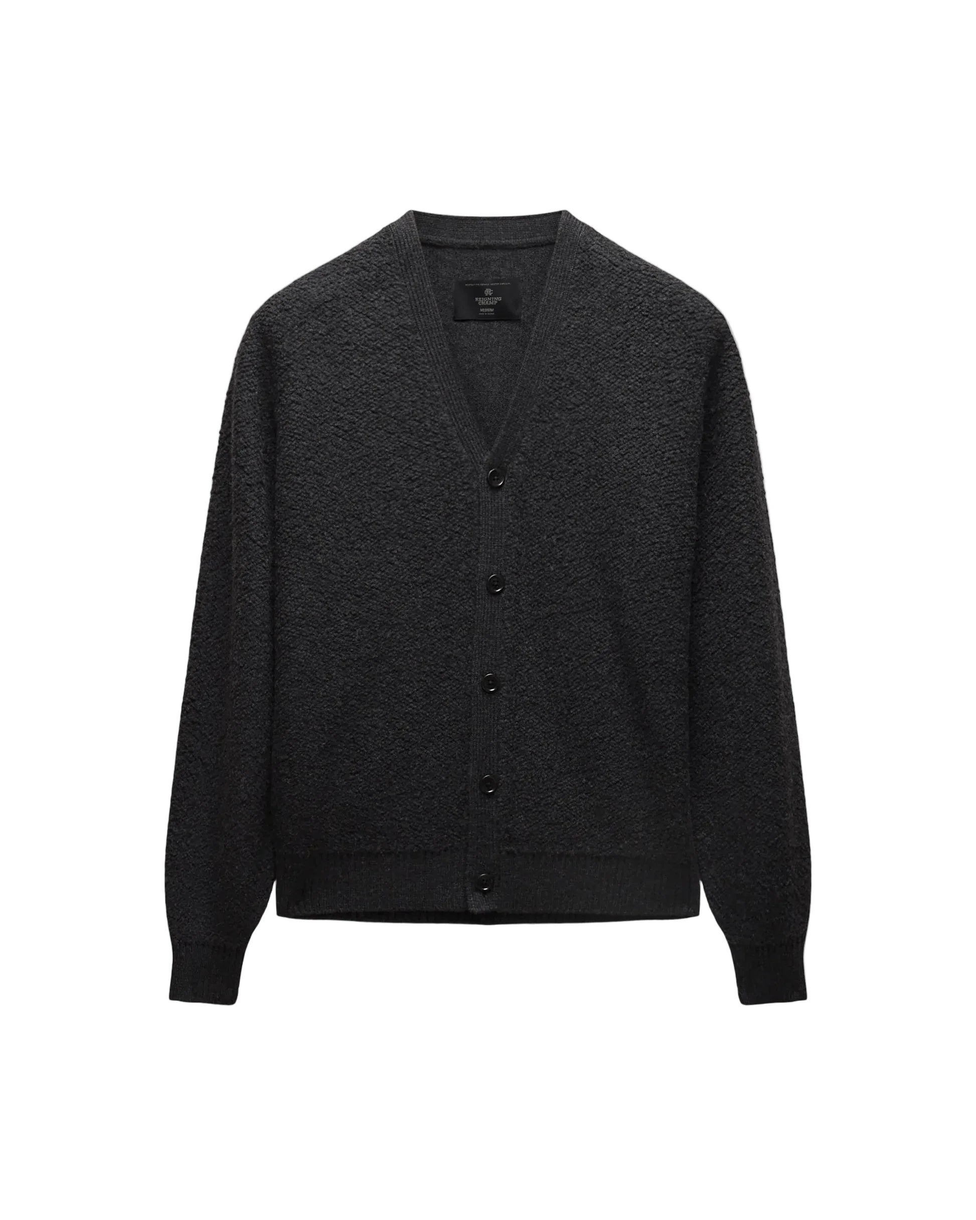 A dark charcoal gray knit cardigan sweater with a V-neck, long sleeves, and a button-up front, displayed against a light gray background.