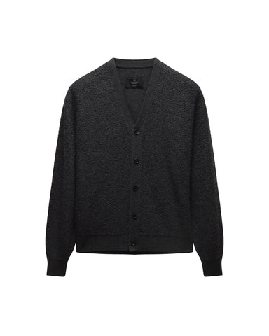 A dark charcoal gray knit cardigan sweater with a V-neck, long sleeves, and a button-up front, displayed against a light gray background.