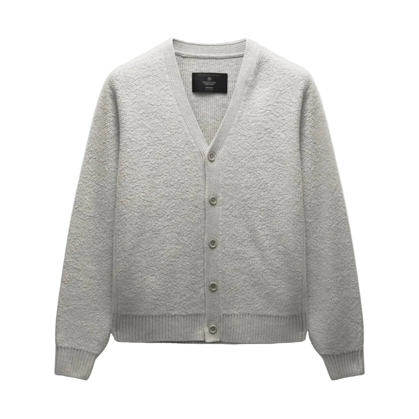 A light gray textured knit cardigan sweater with a V-neck, button-front closure, and ribbed cuffs and hem, shown against a light gray background.